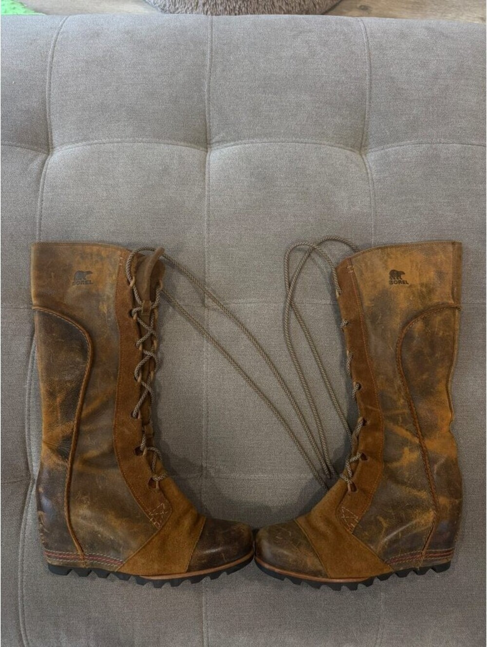 SOREL Cate The Great Wedge Boots Brown Leather Tall Lace 9.5